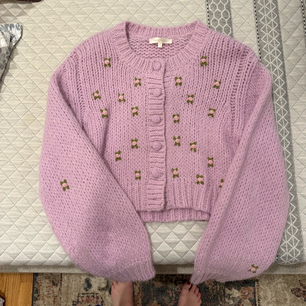 Loveshackfancy Emilie Floral Embellished Cardigan Pink